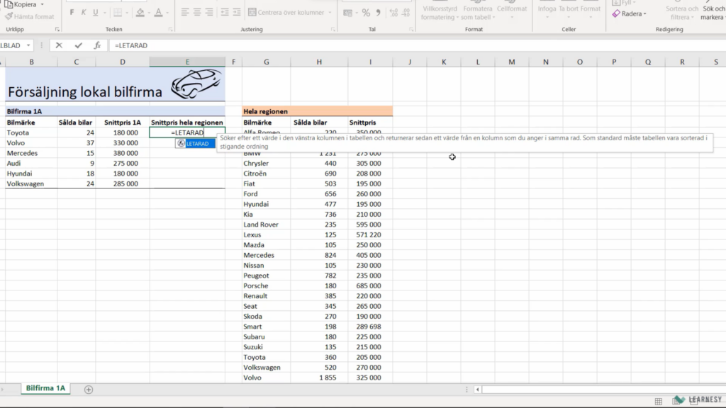 Bilden visar en LETARAD-funktion i Excel