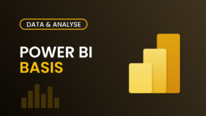 Kursomslag for Power BI Basis – mørk guldbrun bakgrunn med Power BI-logo og teksten "Power BI Basis"