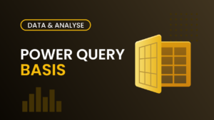 Kursomslag for Power Query Basis – mørk guldbrun bakgrunn med Power Query-logo og teksten "Power Query Basis"