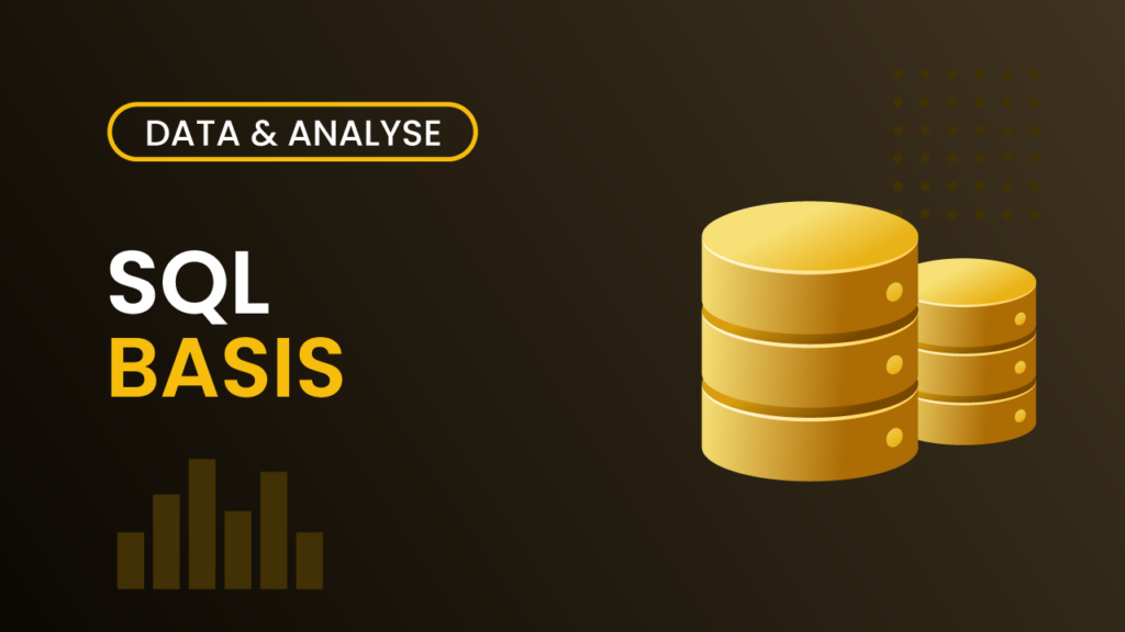 Kursomslag for SQL Basis – mørk guldbrun bakgrunn med databaseikoner og teksten "SQL Basis"
