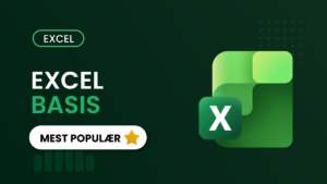 Kursomslag for Excel Basis – mørk grønn bakgrunn med Excel-logo, teksten "Excel Basis" og en "Mest populær"-badge med stjerne