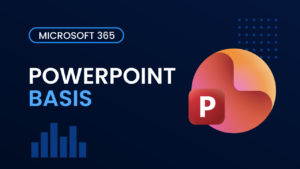 Kursomslag for PowerPoint Basis – mørk blå bakgrunn med PowerPoint-logo og teksten "PowerPoint Basis"