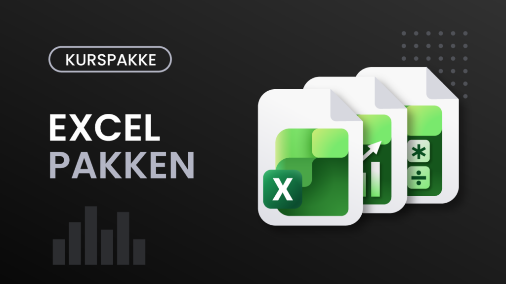 Kursomslag for Excel-pakken – mørk bakgrunn med tre overlappende dokumentikoner med Excel-logoer og teksten "Excel-pakken"