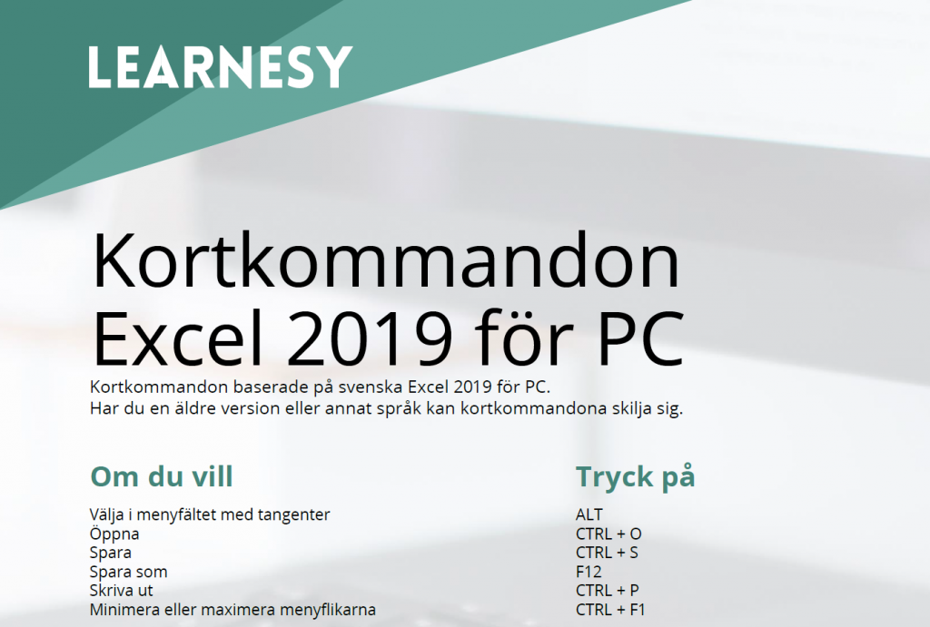 kortkommandon excel