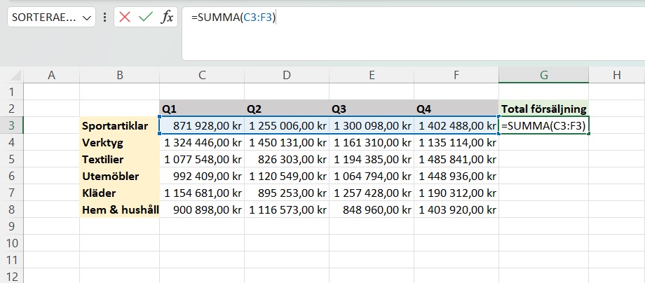 Bild som visar hur man använder SUMMA-funktionen i Excel.