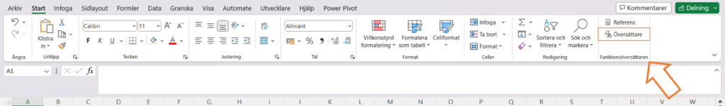En bild som visar Funktionsöversättaren under Excels Start-flik