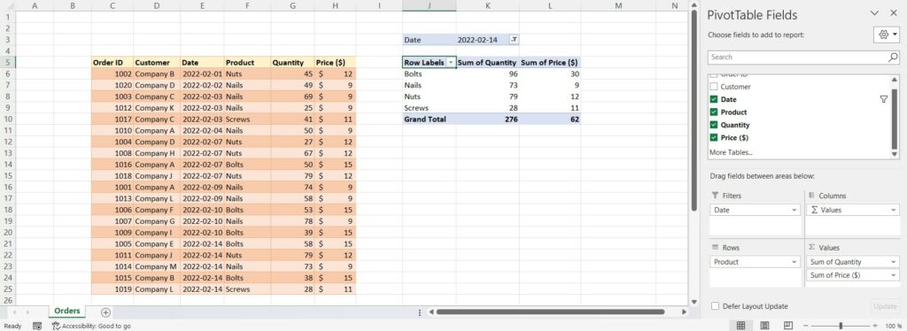 This image shows an example of a pivot table where date is used as a filter.