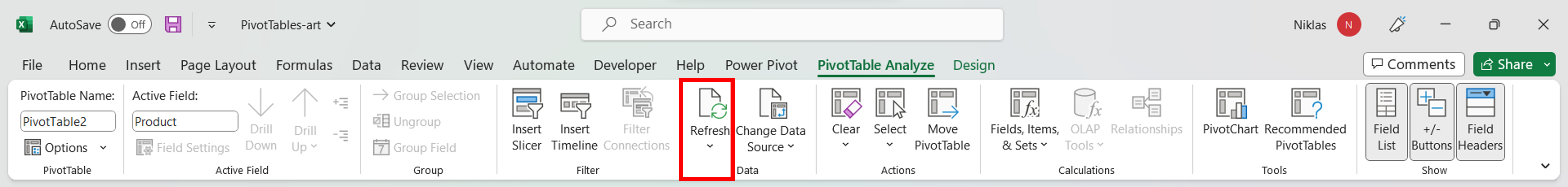 This image shows the Excel menu bar; especially the PivotTable