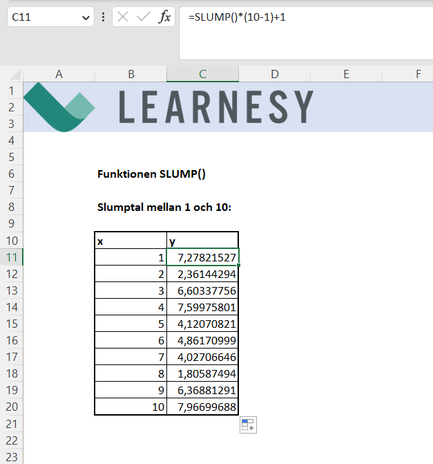 Bilden visar användningen av funktionen SLUMP i Excel. 
