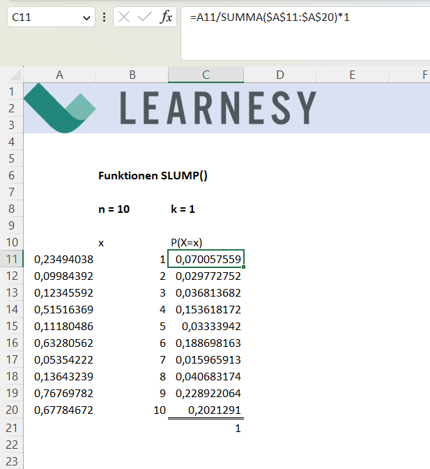 Bilden visar hur man med SLUMP-funktionen i Excel kan skapa en sannolikhetsfördelning. 