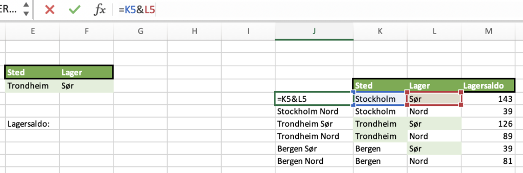 Bildet viser hvordan man kan finne en rad i Excel ved hjelp av funksjonen FINN.RAD basert på to søkeverdier