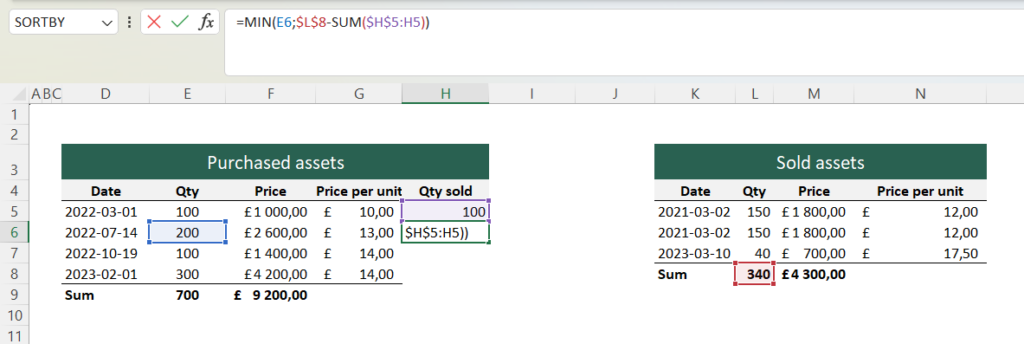 The image shows the calculation of the quantity sold.
