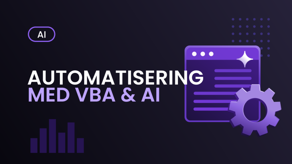 Kursomslag för Automatisering med VBA & AI – mörk bakgrund med kodeditor-ikon och kugghjul, texten "Automatisering med VBA & AI"