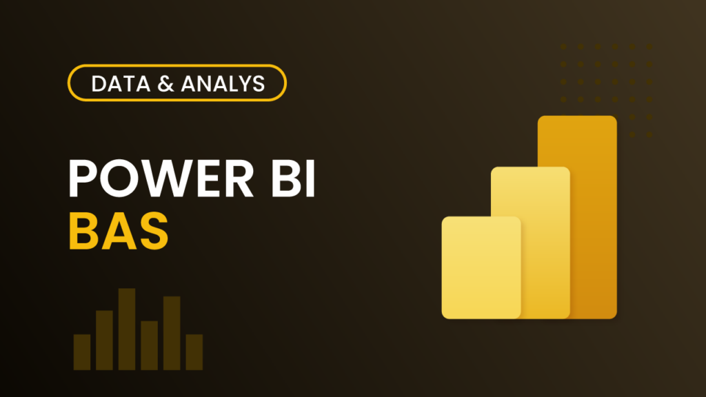 Kursomslag för Power BI Bas – mörk guldbrun bakgrund med Power BI-logotyp och texten "Power BI BAS"