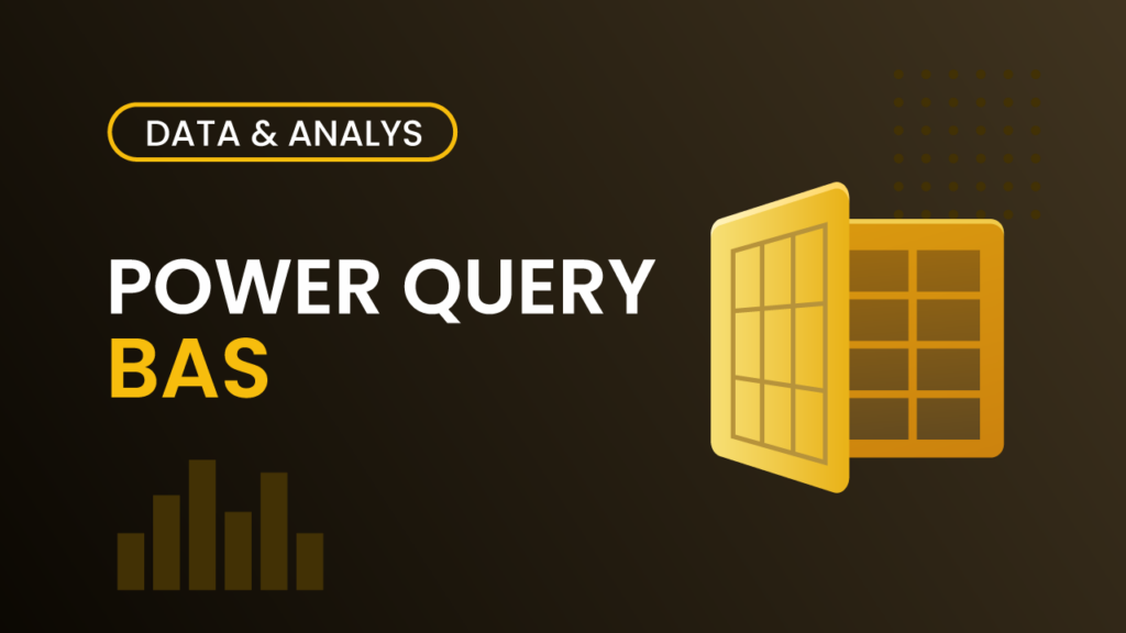 Kursomslag för Power Query Bas – mörk guldbrun bakgrund med Power Query-logotyp och texten "Power Query BAS"