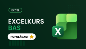 Kursomslag för Excelkurs Bas – mörkgrön bakgrund med Excel-logotyp, texten "Excelkurs BAS" och etiketten "Populärast"