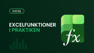 Kursomslag för Excelfunktioner i praktiken – mörkgrön bakgrund med fx-ikon och texten "Excelfunktioner i praktiken"
