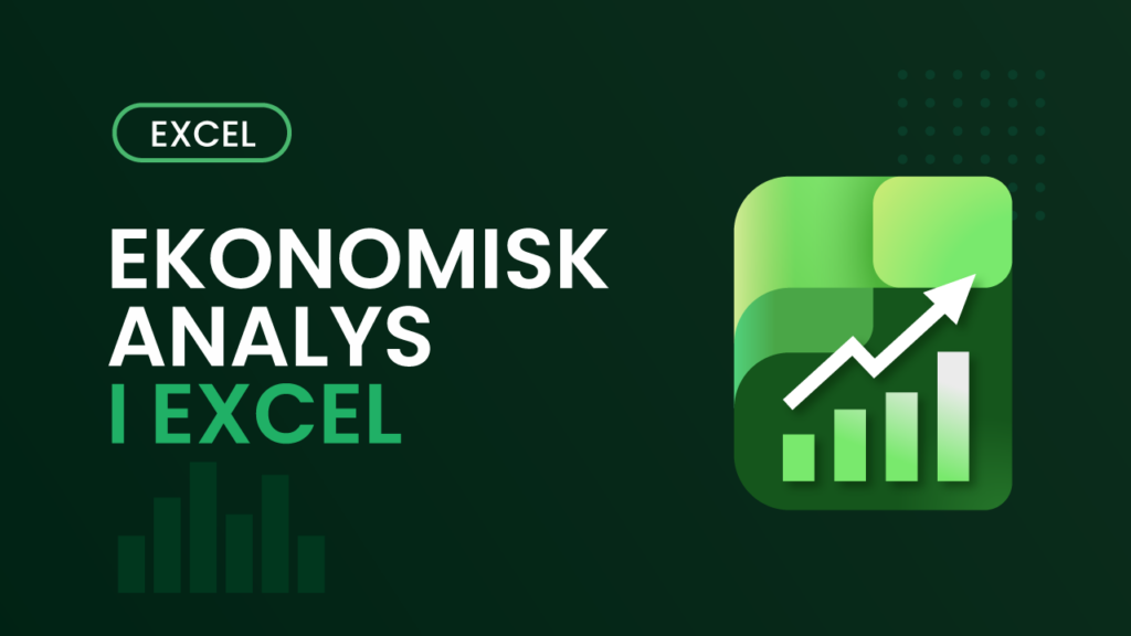Kursomslag för Ekonomisk analys i Excel – mörkgrön bakgrund med diagram- och pil-ikon och texten "Ekonomisk analys i Excel"