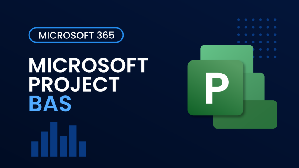 Kursomslag för Microsoft Project Bas – mörkblå bakgrund med Microsoft Project-logotyp och texten "Microsoft Project BAS"