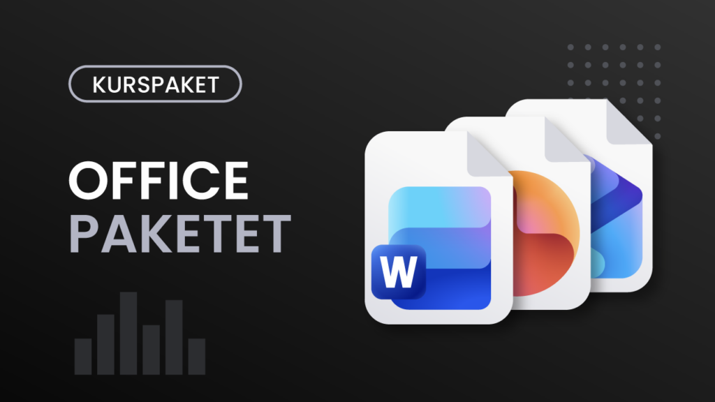 Kursomslag för Office-paketet – mörk bakgrund med tre överlappande dokumentikoner med Word-, PowerPoint- och Teams-logotyper och texten "Office-paketet"