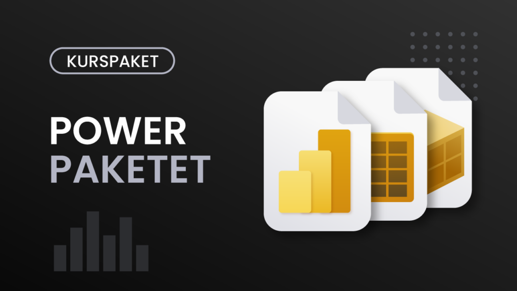 Kursomslag för Power-paketet – mörk bakgrund med tre överlappande dokumentikoner med Power BI- och Power Query-logotyper och texten "Power-paketet"