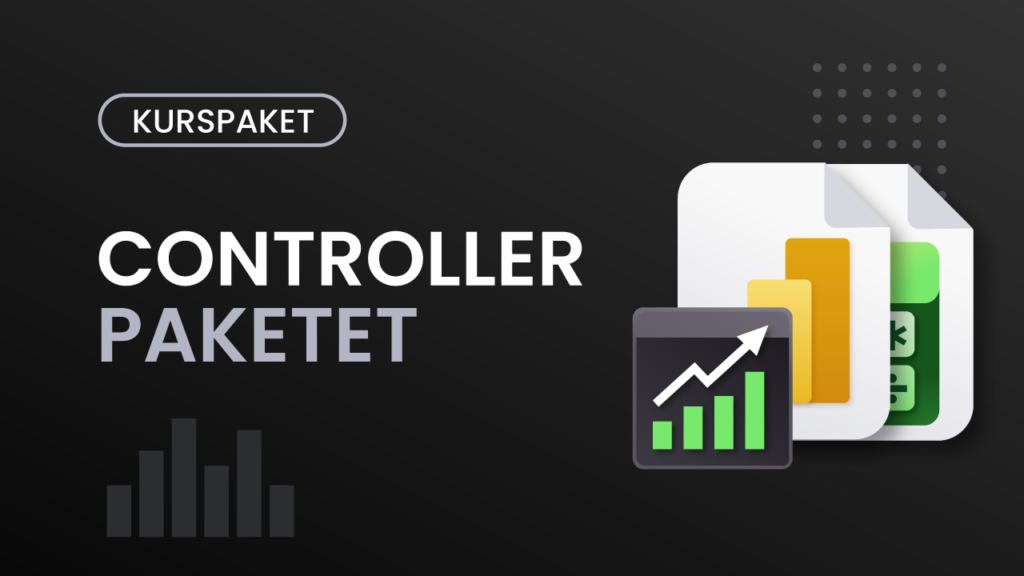Kursomslag för Controller-paketet – mörk bakgrund med ikoner för diagram, Power BI och Excel och texten "Controller-paketet"